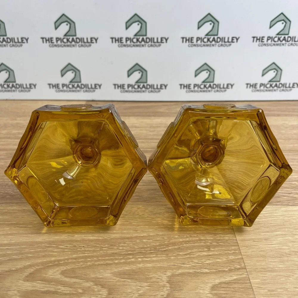 Vintage Amber Glass Hexagon Coin Candlestick Holders Liberty Bell Set of 2 4.5